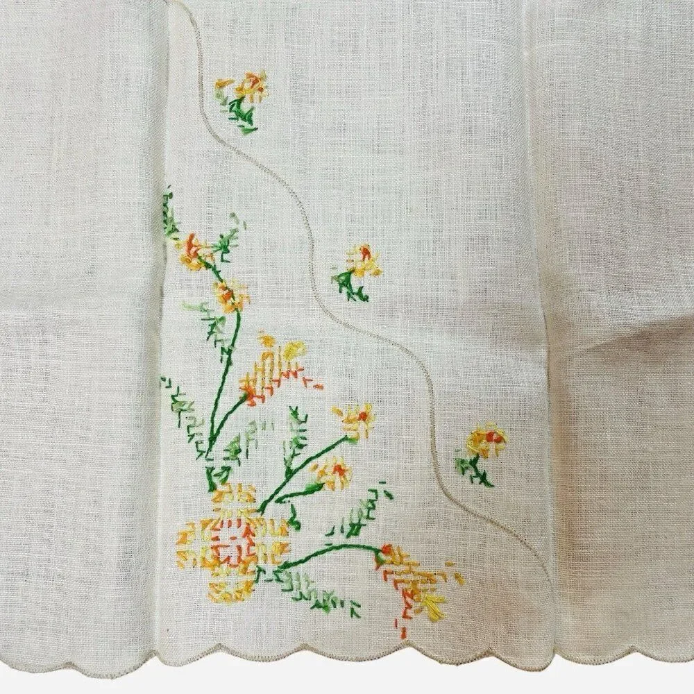 Vintage Embroidered Yellow Orange Flower Linen Tea Towels Set 2 Floral 19 x 12